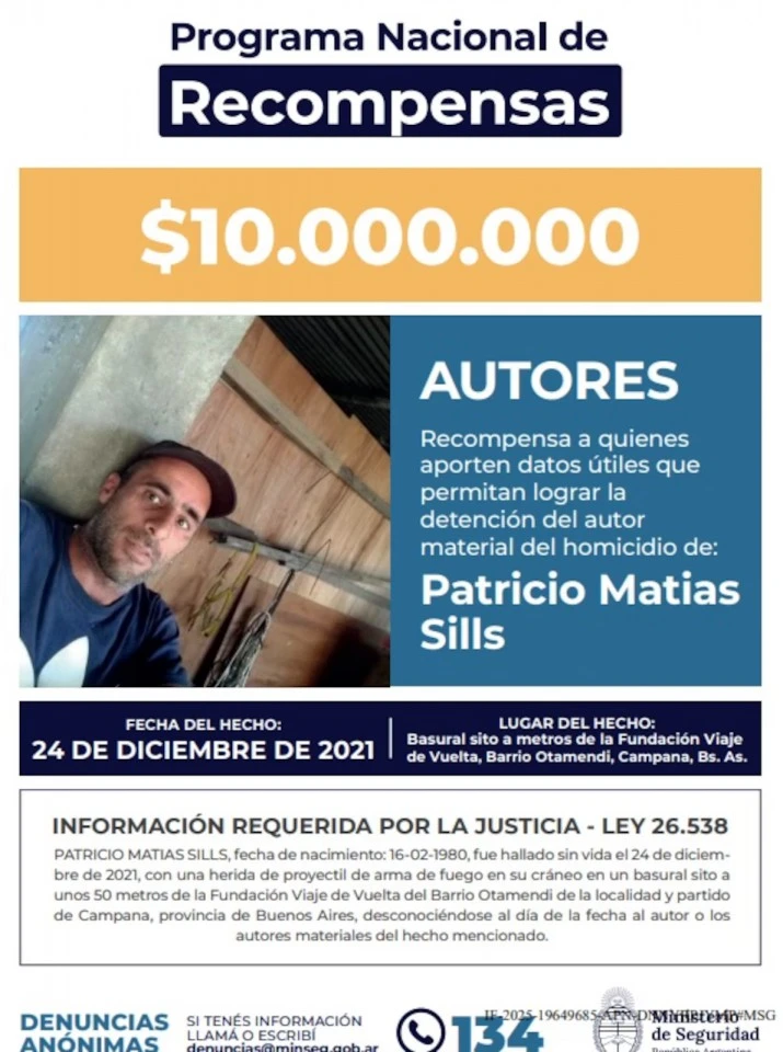 Ofrecen $10 millones de recompensa por el crimen de Patricio Sills en Campana: buscan testigos que aporten datos clave